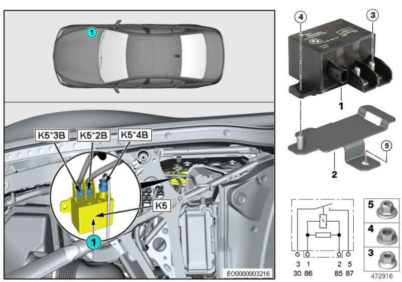 Bildtafel Relais Elektrolüfter Motor K5 für die BMW 4er Modelle  Original BMW Ersatzteile aus dem elektronischen Teilekatalog (ETK) für BMW Kraftfahrzeuge( Auto)    Halter Relais Elektrolüfter Motor, Kunststoffmutter, Mutter, Relais, Sechskantmutter