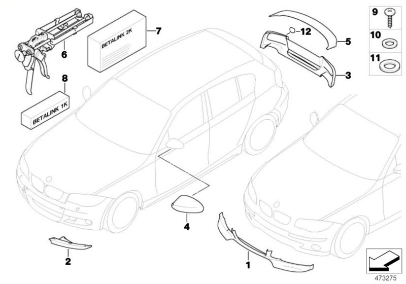 Illustration du Carbon fibre package pour les BMW 1 Série Modèles  Pièces de rechange d'origine BMW du catalogue de pièces électroniques (ETK) pour véhicules automobiles BMW (voiture) 