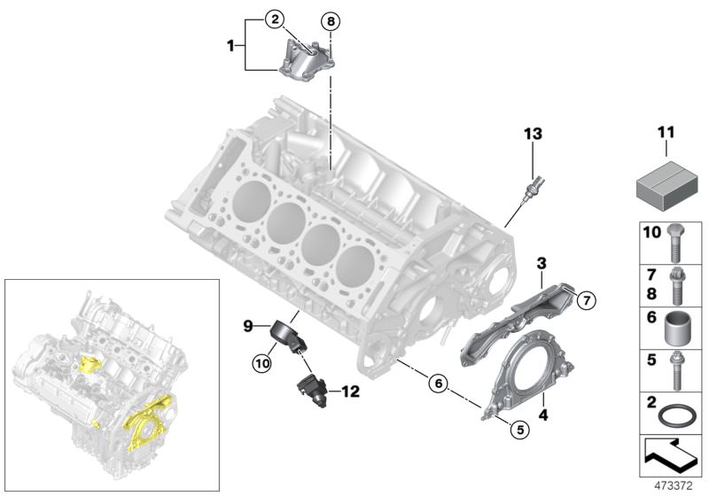 Picture board Engine block mounting parts for the BMW 6 Series models  Original BMW spare parts from the electronic parts catalog (ETK) for BMW motor vehicles (car)   ASA-Bolt, Cap with shaft seal, Cover, rear, Dowel, Gasket Set Engine Block Asbesto Free,