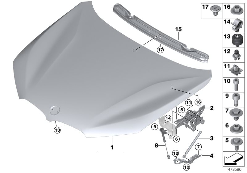 Picture board Engine hood/mounting parts for the BMW X Series models  Original BMW spare parts from the electronic parts catalog (ETK) for BMW motor vehicles (car)   Actuator, rear right, Adjuster, Bracket for gas spring, right, Expanding rivet, Gas-fille