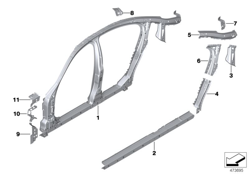 Picture board Side frame, middle for the BMW 5 Series models  Original BMW spare parts from the electronic parts catalog (ETK) for BMW motor vehicles (car)   Bracket, opening aid, right, Bulkhead plate, A-pillar right, C-pillar reinforcement, right, C-pil