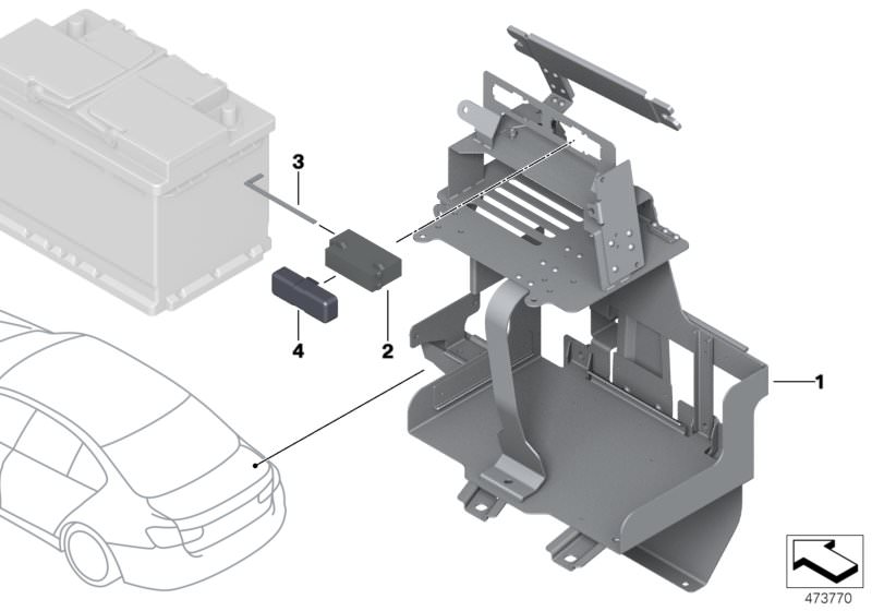 Illustration du Support de batterie pour les BMW 3 Série Modèles  Pièces de rechange d'origine BMW du catalogue de pièces électroniques (ETK) pour véhicules automobiles BMW (voiture)   Battery tray, Cover, Fuse housing, Slider