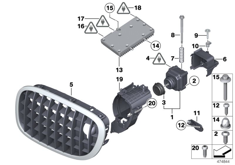 Picture board Night vision camera for the BMW 7 Series models  Original BMW spare parts from the electronic parts catalog (ETK) for BMW motor vehicles (car)   Adjusting screw, Bracket, night vision camera, Cable set, front end, Compression spring, Control