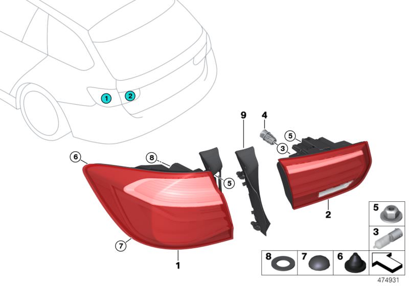 Picture board Rear light for the BMW 3 Series models  Original BMW spare parts from the electronic parts catalog (ETK) for BMW motor vehicles (car)   Bulb socket, Gasket, Gutter strip, left, Longlife bulb, Rear light in the side panel, left, Rear light in