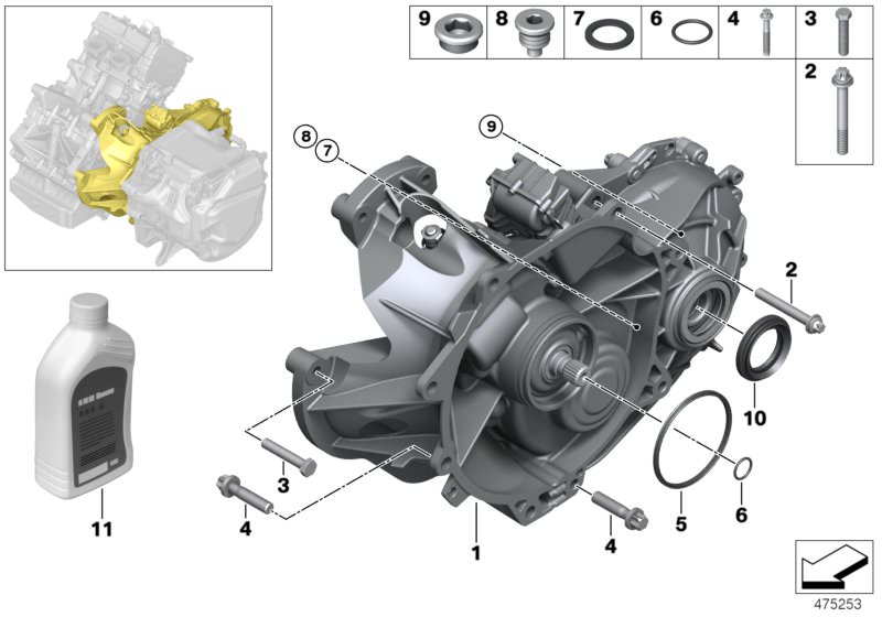 Picture board Electric gearbox / Mounting for the BMW i Series models  Original BMW spare parts from the electronic parts catalog (ETK) for BMW motor vehicles (car)   ASA screw, aluminium, Electric gearbox, Gasket ring, Hex Bolt, Hexalobular socket screw,