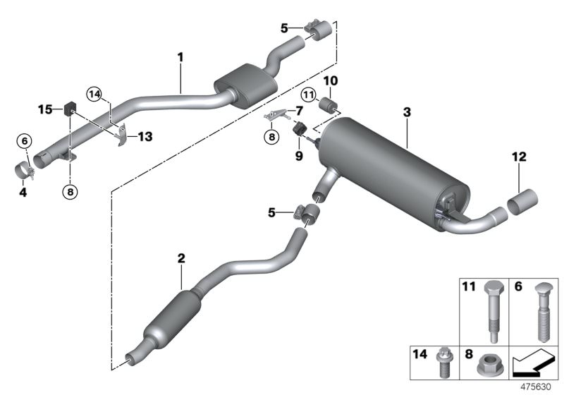 Picture board Exhaust system, rear for the BMW 1 Series models  Original BMW spare parts from the electronic parts catalog (ETK) for BMW motor vehicles (car)   Bracket, rear silencer right, Centre muffler, CLAMPING BUSH, Collar screw, FRONT SILENCER, Hex 