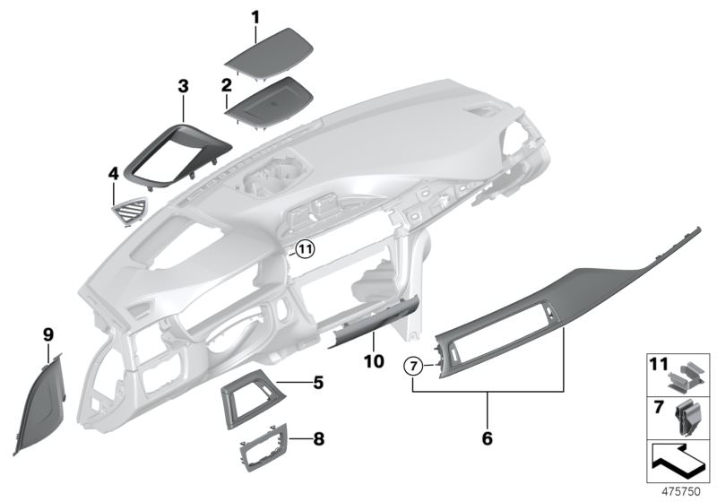 Picture board Mounting parts, instrument panel, top for the BMW 4 Series models  Original BMW spare parts from the electronic parts catalog (ETK) for BMW motor vehicles (car)   Clamp, Cover, light control unit, Cover, side window defroster, right, Fixing 