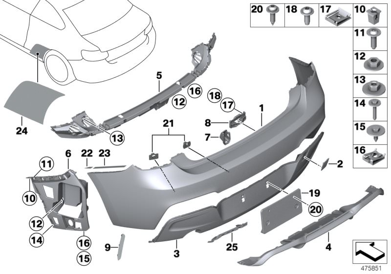 Picture board M trim panel, rear for the BMW 2 Series models  Original BMW spare parts from the electronic parts catalog (ETK) for BMW motor vehicles (car)   Bumper trim panel, rear, C-clip nut, Combination nut, Cover, Expanding nut, Fillister head screw,