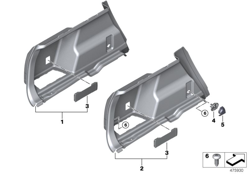 Picture board TRUNK TRIM, LEFT for the BMW X Series models  Original BMW spare parts from the electronic parts catalog (ETK) for BMW motor vehicles (car)   Cover, fastening loop, Expanding rivet, Lashing eye, Tension strap, Trunk trim, left