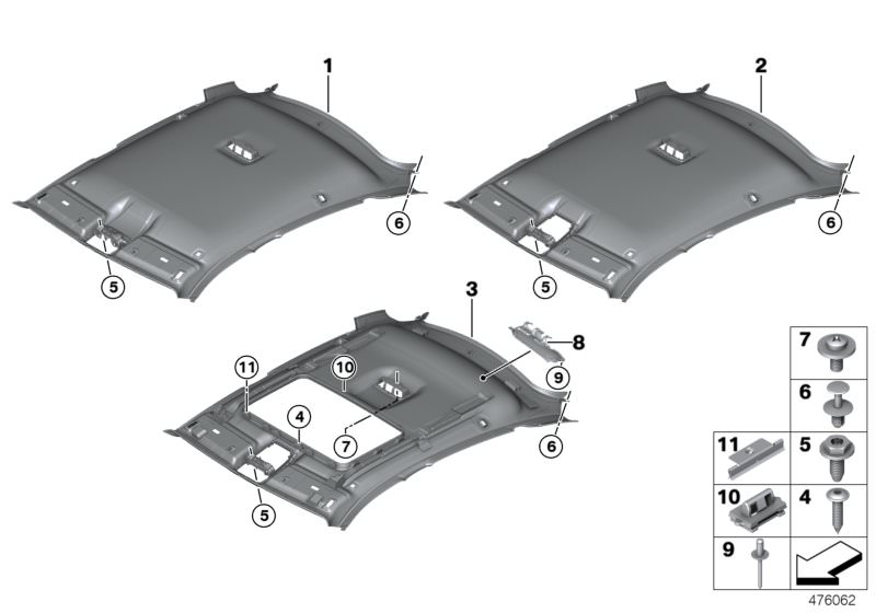 Picture board Headlining for the BMW X Series models  Original BMW spare parts from the electronic parts catalog (ETK) for BMW motor vehicles (car)   Blind rivet, BRACKET FOR SLIDING LIFTING ROOF FRAME, Clip, panoramic glass sunroof, Combi. fillister head