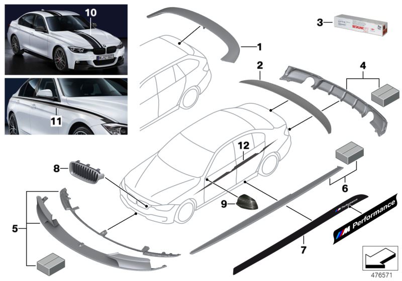 Picture board M Performance accessories for the BMW 3 Series models  Original BMW spare parts from the electronic parts catalog (ETK) for BMW motor vehicles (car) 