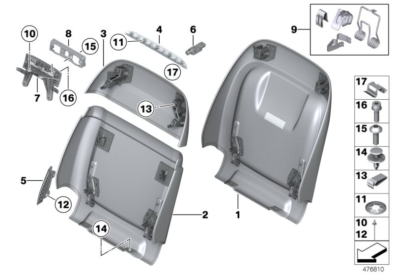 Bildtafel Sitz vorn Lehnenblenden für die BMW X Modelle  Original BMW Ersatzteile aus dem elektronischen Teilekatalog (ETK) für BMW Kraftfahrzeuge( Auto)    Abstützung rechts, Axialsicherung, Blende Halter Bildschirm, Blindniet, Halter Bildschirm, Klammer