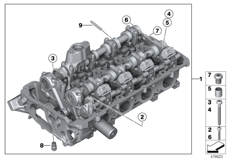 Picture board Cylinder head for the BMW X Series models  Original BMW spare parts from the electronic parts catalog (ETK) for BMW motor vehicles (car)   CYLINDER HEAD WITH VALVE GEAR, Dowel, Fit bolt, ISA screw, non-return valve, Screw plug with gasket ri