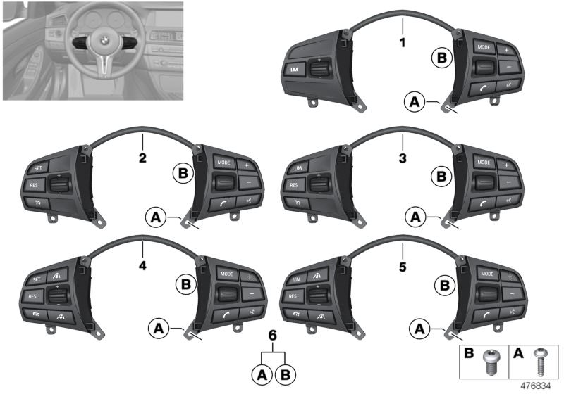 Illustration du Bloc touches volant multifonction Sport pour les BMW 3 Série Modèles  Pièces de rechange d'origine BMW du catalogue de pièces électroniques (ETK) pour véhicules automobiles BMW (voiture)   Set mounting parts, Switch, multifunct.steering wh