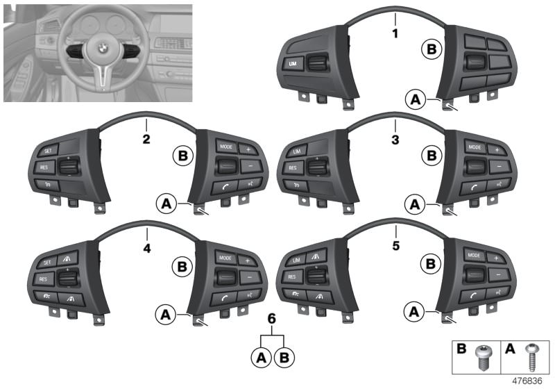 Illustration du Bloc touches volant multifonctions Base pour les BMW 3 Série Modèles  Pièces de rechange d'origine BMW du catalogue de pièces électroniques (ETK) pour véhicules automobiles BMW (voiture)   Set mounting parts, Switch, multifunct. steering w
