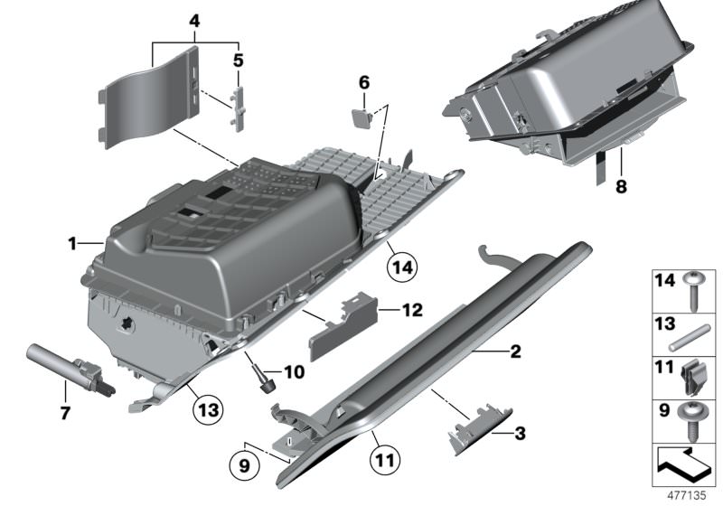 Illustration du GLOVE BOX pour les BMW 5 Série Modèles  Pièces de rechange d'origine BMW du catalogue de pièces électroniques (ETK) pour véhicules automobiles BMW (voiture)   Bracket for DVD changer, Clamp, Cover, fuse carrier, Dummy cover for USB, Dummy 