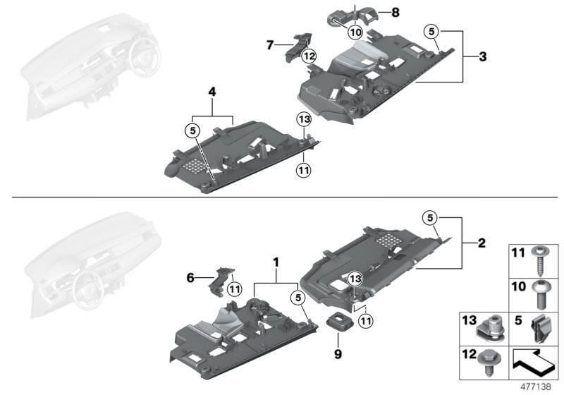 Picture board Mounting parts, instrument panel, bottom for the BMW 5 Series models  Original BMW spare parts from the electronic parts catalog (ETK) for BMW motor vehicles (car)   C-clip plastic nut, Clamp, Driver´s footwell trim panel, Fillister head sel
