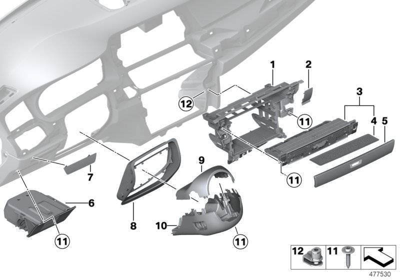 Picture board Mounting parts, instrument panel, bottom for the BMW 5 Series models  Original BMW spare parts from the electronic parts catalog (ETK) for BMW motor vehicles (car)   C-clip plastic nut, Covering cap right, Dummy trim for assistance systems, 