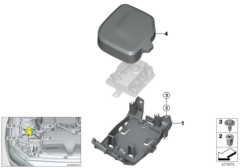 Bildtafel Versorgungsmodul Z11 Anbauteile für die BMW 1er Modelle  Original BMW Ersatzteile aus dem elektronischen Teilekatalog (ETK) für BMW Kraftfahrzeuge( Auto)    Halter, Mutter, Sechskantschraube, Spreizmutter