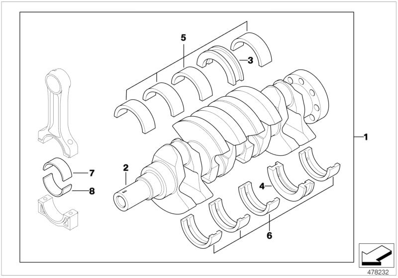 Picture board Crankshaft with bearing shells for the BMW 5 Series models  Original BMW spare parts from the electronic parts catalog (ETK) for BMW motor vehicles (car)   Bearing shell, Bearing shell white, Bearing shell yellow, Bearing shell, blue, Cranks