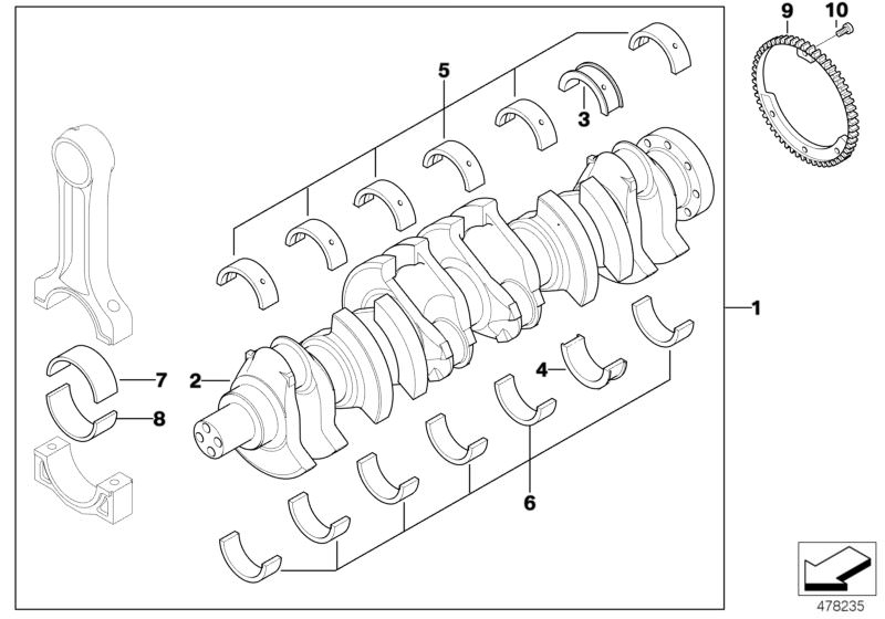 Picture board Crankshaft with bearing shells for the BMW 7 Series models  Original BMW spare parts from the electronic parts catalog (ETK) for BMW motor vehicles (car)   Bearing shell, Bearing shell white, Bearing shell yellow, Bearing shell, blue, Cranks