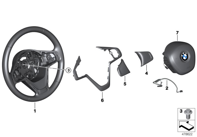 Picture board Steering wheel, leather for the BMW X Series models  Original BMW spare parts from the electronic parts catalog (ETK) for BMW motor vehicles (car)   Airbag module, driver´s side, connecting line, steering wheel, Decorative trim, steering whe