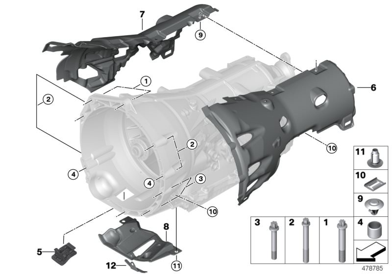 Picture board Transmission mounting parts for the BMW X Series models  Original BMW spare parts from the electronic parts catalog (ETK) for BMW motor vehicles (car)   Acoustic capsule, bottom, Acoustic capsule, left, Acoustic capsule, right, ASA-Bolt, Cap
