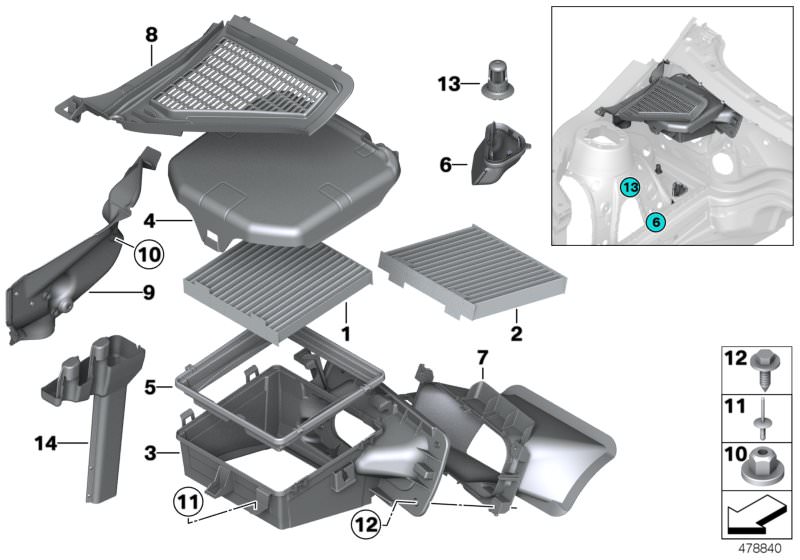 Picture board Microfilter/housing parts for the BMW X Series models  Original BMW spare parts from the electronic parts catalog (ETK) for BMW motor vehicles (car)   Adapter, air duct, Cover, Cover, filter box, Covering right, Expanding rivet, black, Filte