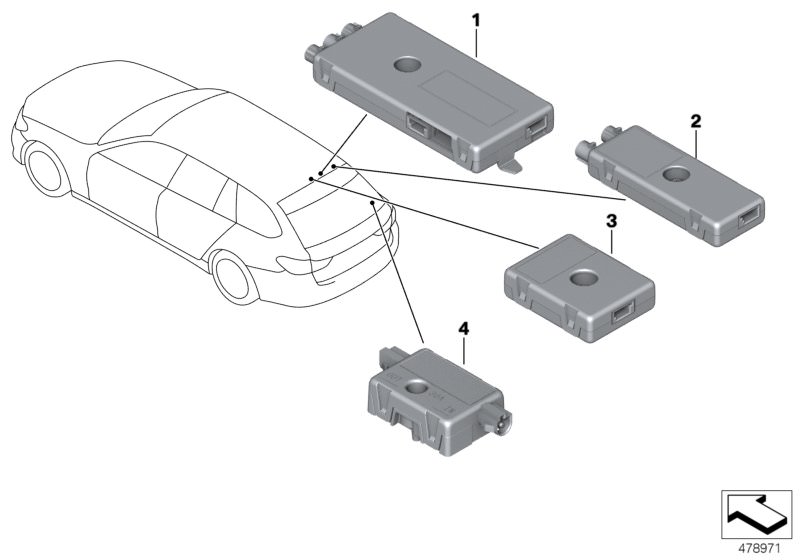 Bildtafel Einzelteile Antennensysteme für die BMW 5er Modelle  Original BMW Ersatzteile aus dem elektronischen Teilekatalog (ETK) für BMW Kraftfahrzeuge( Auto)    Antennenverstärker DAB, Antennenverstärker Diversity, Entstörfilter, Sperrkreis
