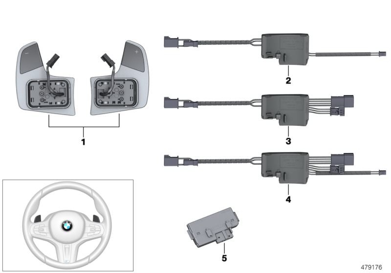 Picture board Steering wheel module and shift paddles for the BMW 5 Series models  Original BMW spare parts from the electronic parts catalog (ETK) for BMW motor vehicles (car)   Control unit, steering wheel electronics, Control unit, touch detection, Set