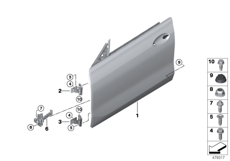 Picture board FRONT DOOR-HINGE/DOOR BRAKE for the BMW 6 Series models  Original BMW spare parts from the electronic parts catalog (ETK) for BMW motor vehicles (car)   Covering cap, Door front right, aluminium, Door hinge, bottom right, Door hinge, top rig