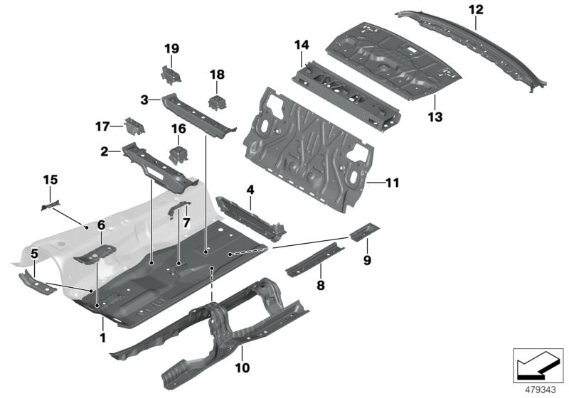 Illustration du Cloison d separat. coffre/Elem. plancher pour les BMW 5 Série Modèles  Pièces de rechange d'origine BMW du catalogue de pièces électroniques (ETK) pour véhicules automobiles BMW (voiture)   Att.part seat console front inner right, Att.part