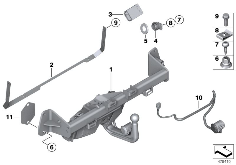 Picture board Trailer tow hitch, electrically pivoted for the BMW 3 Series models  Original BMW spare parts from the electronic parts catalog (ETK) for BMW motor vehicles (car)   Body nut, Bow, Bracket, switch, trailer coupling, Combi. fillister head self