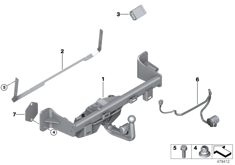 Picture board Trailer tow hitch, electrically pivoted for the BMW 3 Series models  Original BMW spare parts from the electronic parts catalog (ETK) for BMW motor vehicles (car)   Bow, Control unit, trailer tow hitch, Hex Bolt with washer, Hex nut, INTERME