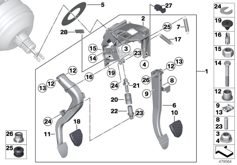 Picture board Pedal assy w over-centre helper spring for the BMW 4 Series models  Original BMW spare parts from the electronic parts catalog (ETK) for BMW motor vehicles (car)   Brake pedal, Brake pedal pin, Bush bearing, Circlip, Clutch pedal, Clutch ped