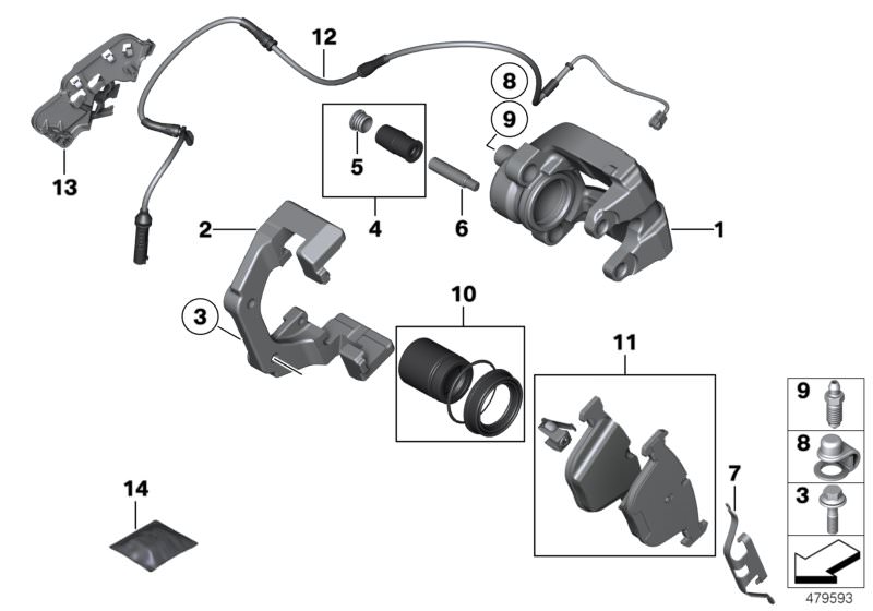 Picture board Rear wheel brake, brake pad sensor for the BMW 5 Series models  Original BMW spare parts from the electronic parts catalog (ETK) for BMW motor vehicles (car)   Bleeder valve, Brake-pad paste, Brake-pad sensor, rear, Caliper housing left, Cal