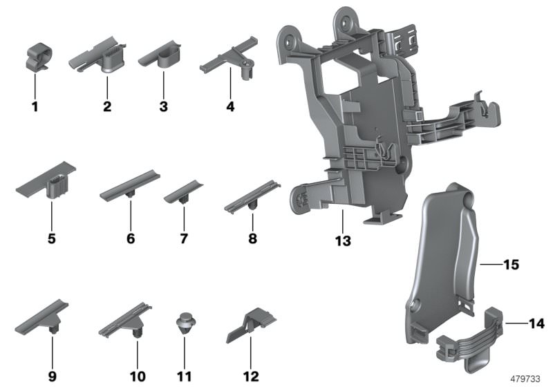 Picture board Various cable holders for the BMW i Series models  Original BMW spare parts from the electronic parts catalog (ETK) for BMW motor vehicles (car)   Cable duct, bottom part, Cable holder, Cable strap bracket, Cover, cable duct, Holder BDC, Tub