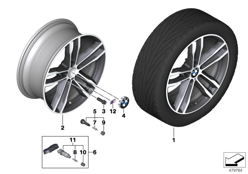 Picture board BMW LA wheel M double spoke 704 - 19´´ for the BMW 4 Series models  Original BMW spare parts from the electronic parts catalog (ETK) for BMW motor vehicles (car)   Hub cap with chrome edge, Light alloy rim Ferricgrey, M badge, Repair kit, sc