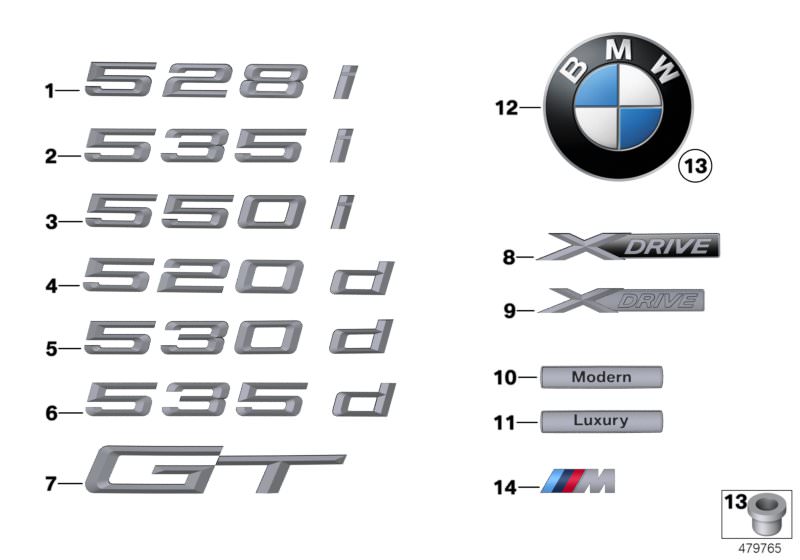 Picture board Emblems / letterings for the BMW 5 Series models  Original BMW spare parts from the electronic parts catalog (ETK) for BMW motor vehicles (car)   Emblem, Grommet, Lettering, Lettering, right, Model designation lettering, side, Plaque