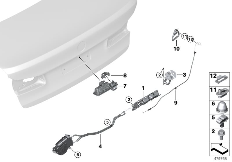 Picture board TRUNK LID/CLOSING SYSTEM for the BMW 5 Series models  Original BMW spare parts from the electronic parts catalog (ETK) for BMW motor vehicles (car)   Boot lid/tailgate push-button, Bowden cable, emergency unlocking, Clip, Counter support rea