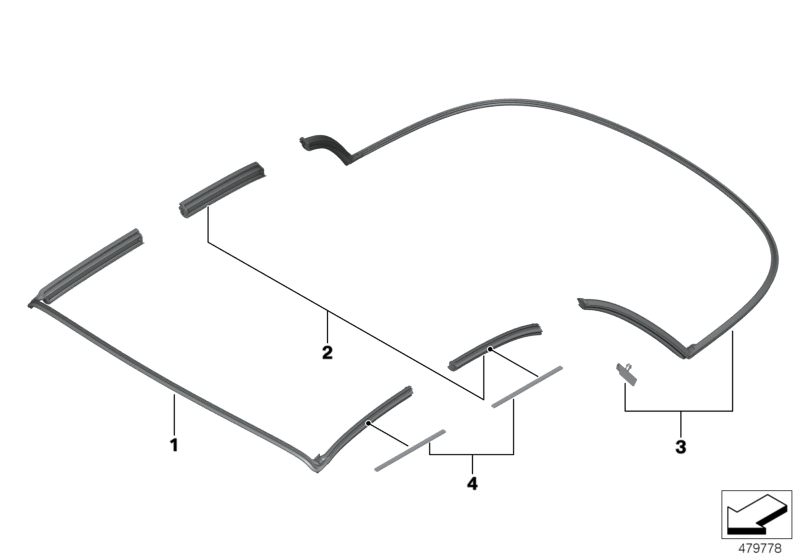 Picture board Soft top, seals for the BMW 2 Series models  Original BMW spare parts from the electronic parts catalog (ETK) for BMW motor vehicles (car)   Insert, Seal, clamp, Sealing kit, front bow, Sealing kit, roof soft top control lever