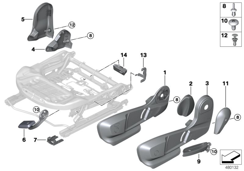 Picture board SEAT FRONT SEAT COVERINGS for the BMW X Series models  Original BMW spare parts from the electronic parts catalog (ETK) for BMW motor vehicles (car)   Cover, left control, Cover, right control, Covering cap, seat rail, Expanding rivet, Handl