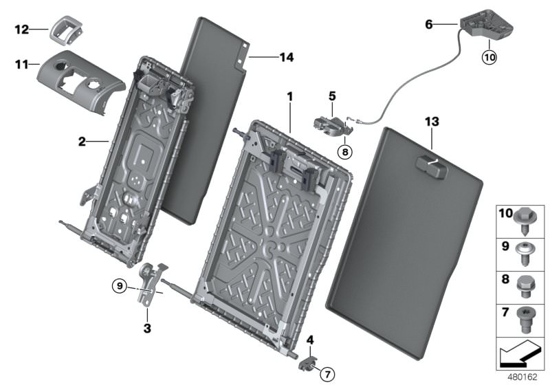 Picture board Seat, rear, seat frame, through-loading for the BMW 5 Series models  Original BMW spare parts from the electronic parts catalog (ETK) for BMW motor vehicles (car)   Backr.frame f.thro.load.facility center, Backrest frame, through-loading, le