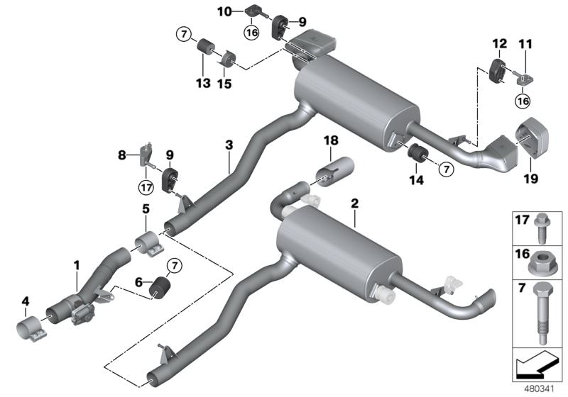 Picture board Exhaust system, rear for the BMW 5 Series models  Original BMW spare parts from the electronic parts catalog (ETK) for BMW motor vehicles (car)   Bracket, rear silencer, rear left, Bracket, rear silencer, rear right, CLAMPING BUSH, Collar nu
