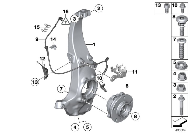 Picture board Carrier / wheel bearing, front for the BMW 6 Series models  Original BMW spare parts from the electronic parts catalog (ETK) for BMW motor vehicles (car)   Bracket RDS/BVA, left, Cable duct, rechts, Carrier, left, Collar bolt with compressio