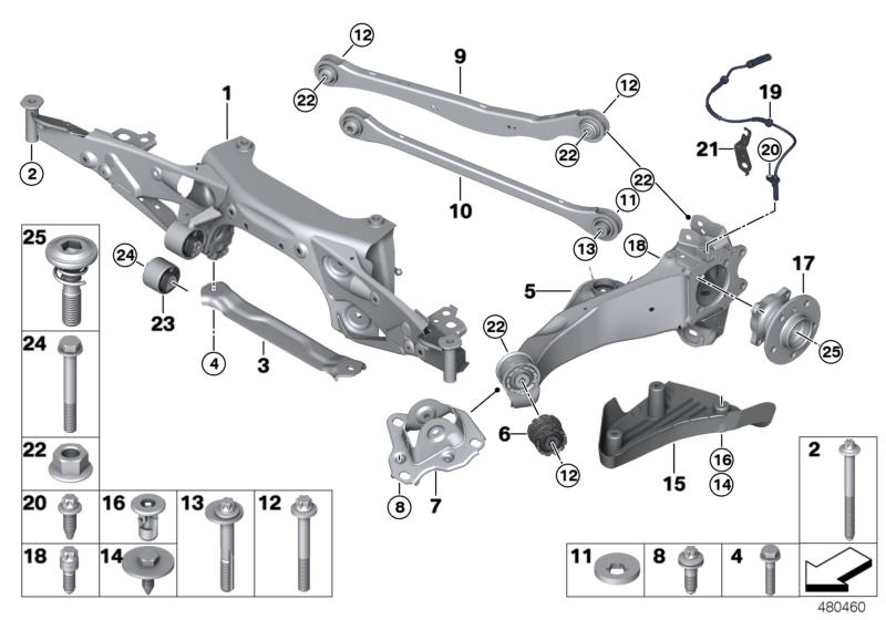 Picture board Rr axle support, wheel susp.,whl bearing for the BMW 2 Series models  Original BMW spare parts from the electronic parts catalog (ETK) for BMW motor vehicles (car)   ASA screw with flange, ASA-Bolt, Bracket, trailing arm right, Collar bolt w