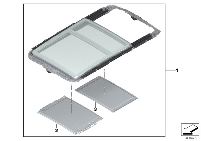 Bildtafel Individual Panoramadach für die BMW X Modelle  Original BMW Ersatzteile aus dem elektronischen Teilekatalog (ETK) für BMW Kraftfahrzeuge( Auto)    Panoramadach Alcantara, Schwebehimmel Alcantara hinten, Schwebehimmel Alcantara vorn