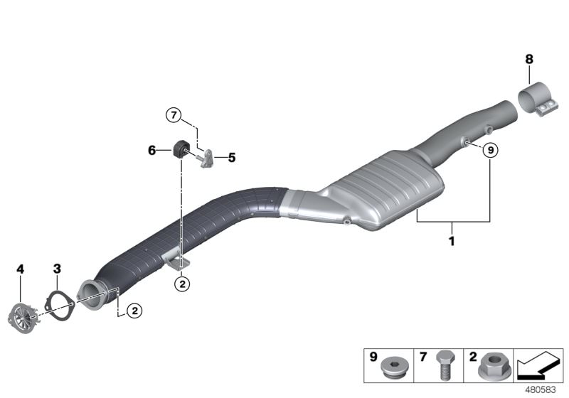 Picture board Catalytic converter/front silencer for the BMW 5 Series models  Original BMW spare parts from the electronic parts catalog (ETK) for BMW motor vehicles (car)   CLAMPING BUSH, Collar nut, Exchange SCR catalytic converter, Flat gasket, Hex Bol