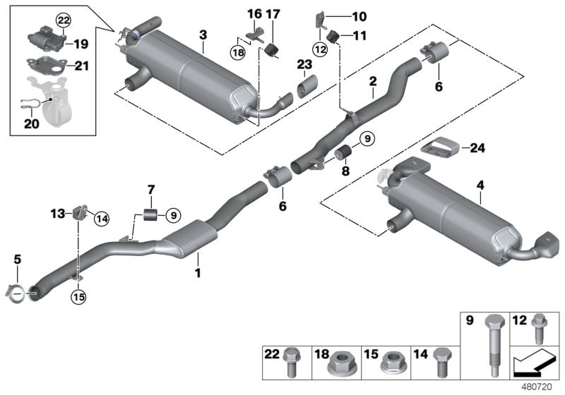 Picture board Exhaust system, rear for the BMW 5 Series models  Original BMW spare parts from the electronic parts catalog (ETK) for BMW motor vehicles (car)   Actuator drive, exhaust flap, Clamping bush, Collar screw, Fixing bow, Hex Bolt, Hex Bolt with 