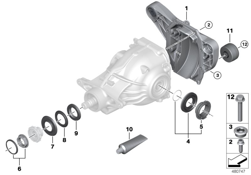 Picture board Rear-axle-drive parts for the BMW 5 Series models  Original BMW spare parts from the electronic parts catalog (ETK) for BMW motor vehicles (car)   Assembly ring, Cover, rear, dustcover plate, small, Flanged cap screw, Gasket set differential